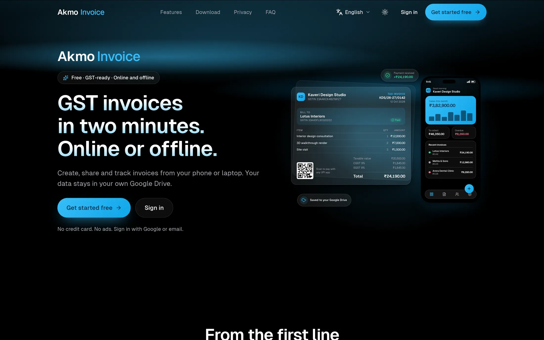Akmo Invoice · homepage, shown on a desktop browser