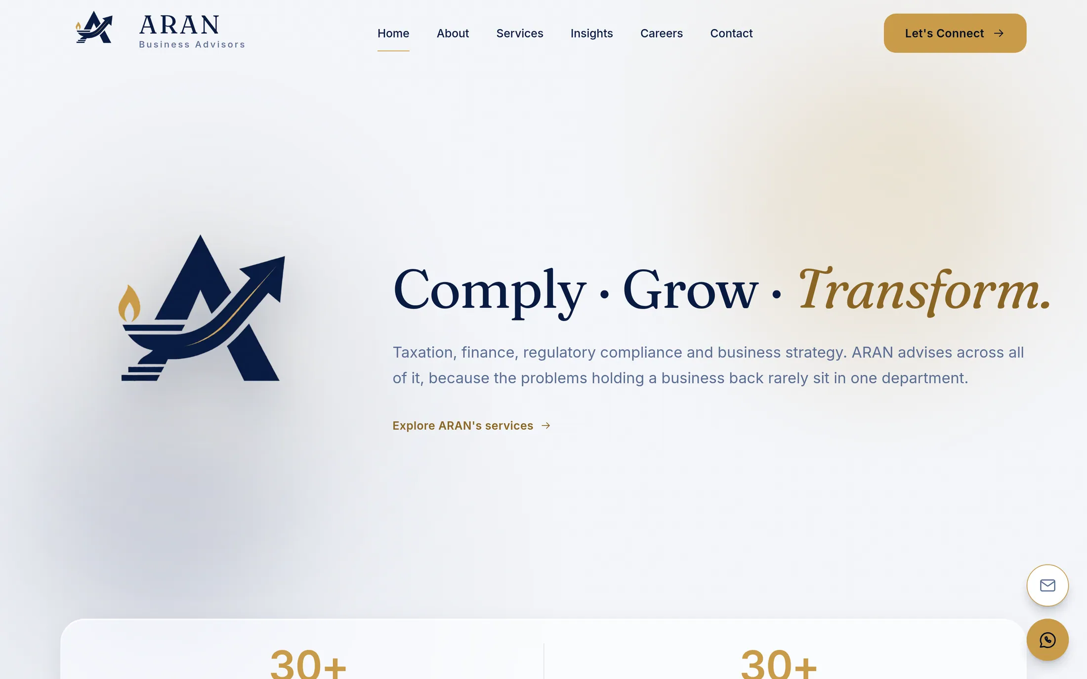 ARAN Business Advisors homepage shown on a desktop browser